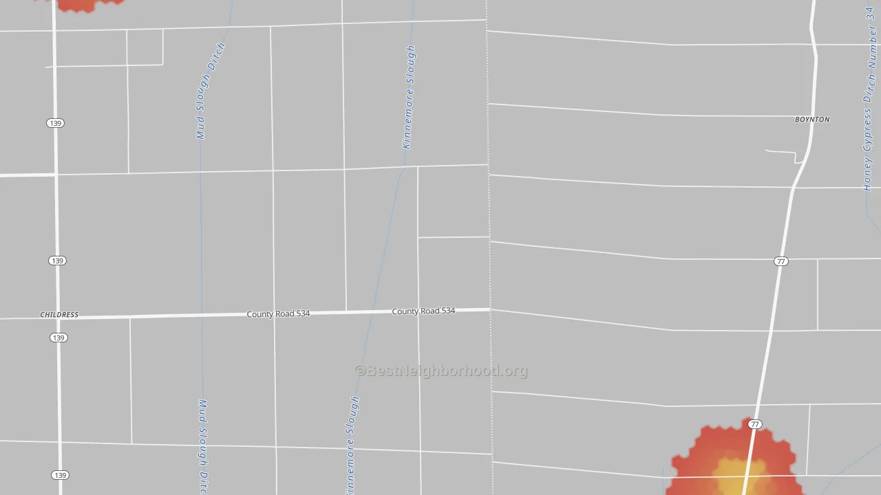 Walk Grade map of Happy Corners, AR, walkable areas in green and car-dependent areas in red