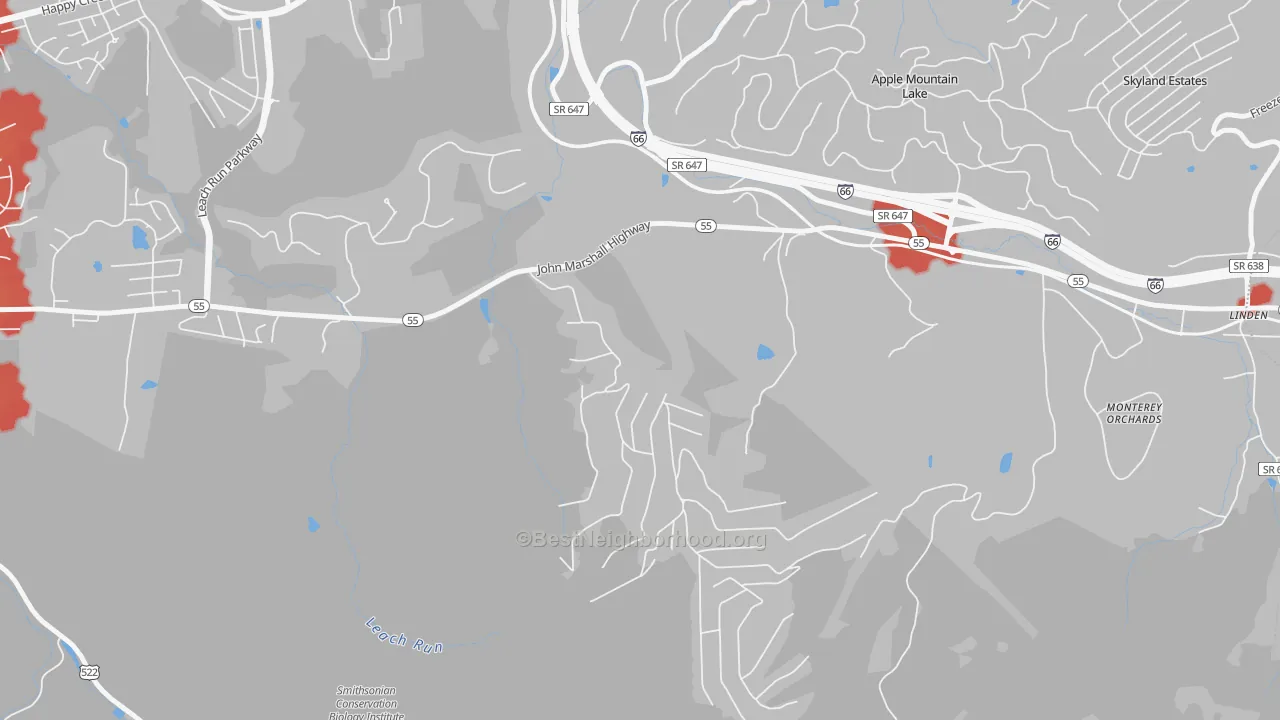 Walk Grade map of Happy Creek, VA, walkable areas in green and car-dependent areas in red