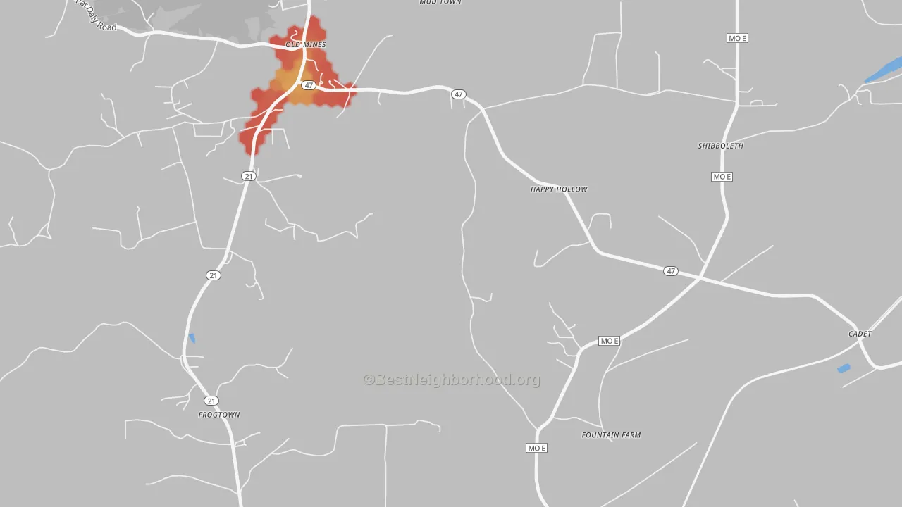 Walk Grade map of Happy Hollow, MO, walkable areas in green and car-dependent areas in red