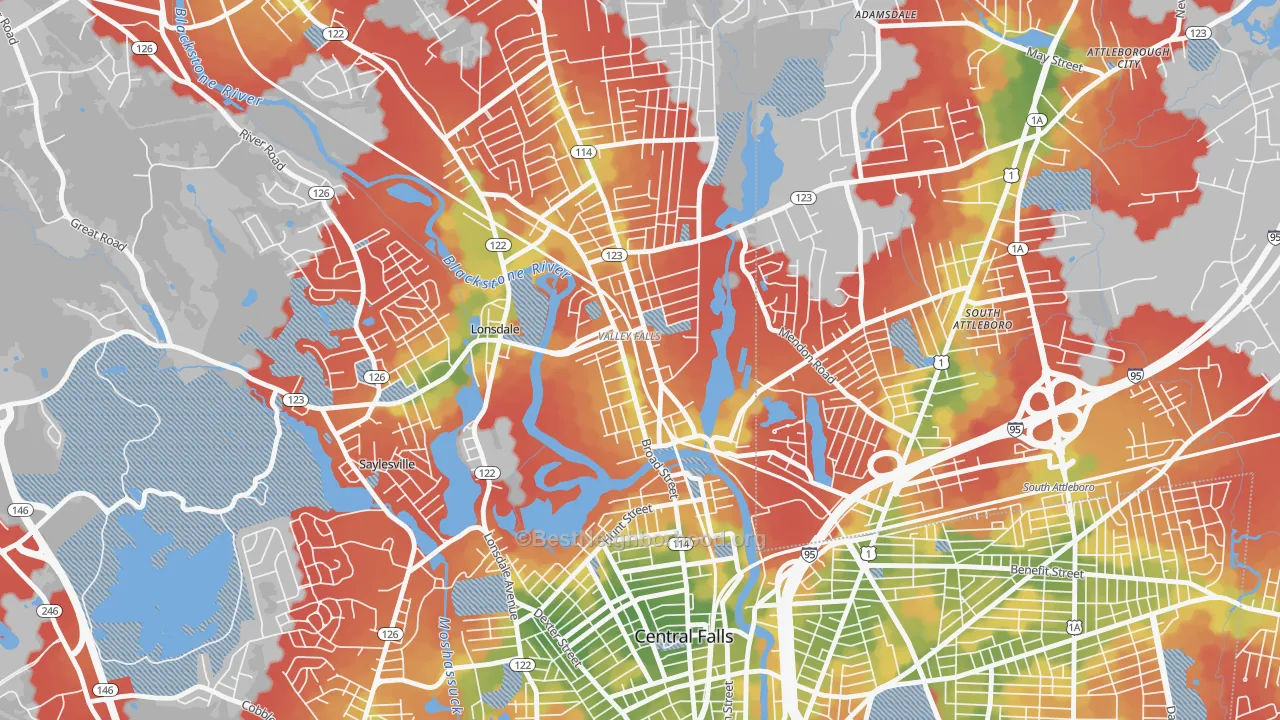 Walk Grade map of Happy Hollow, Valley Falls, RI, walkable areas in green and car-dependent areas in red