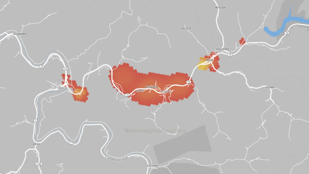 Walk Grade map of Happy, KY, walkable areas in green and car-dependent areas in red