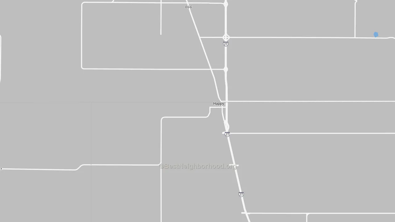 Walk Grade map of Happy, TX, walkable areas in green and car-dependent areas in red