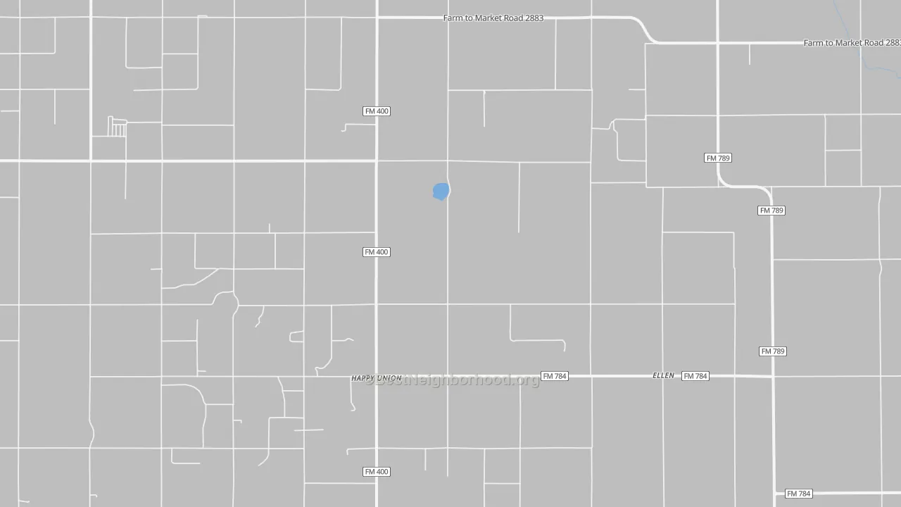 Walk Grade map of Happy Union, TX, walkable areas in green and car-dependent areas in red