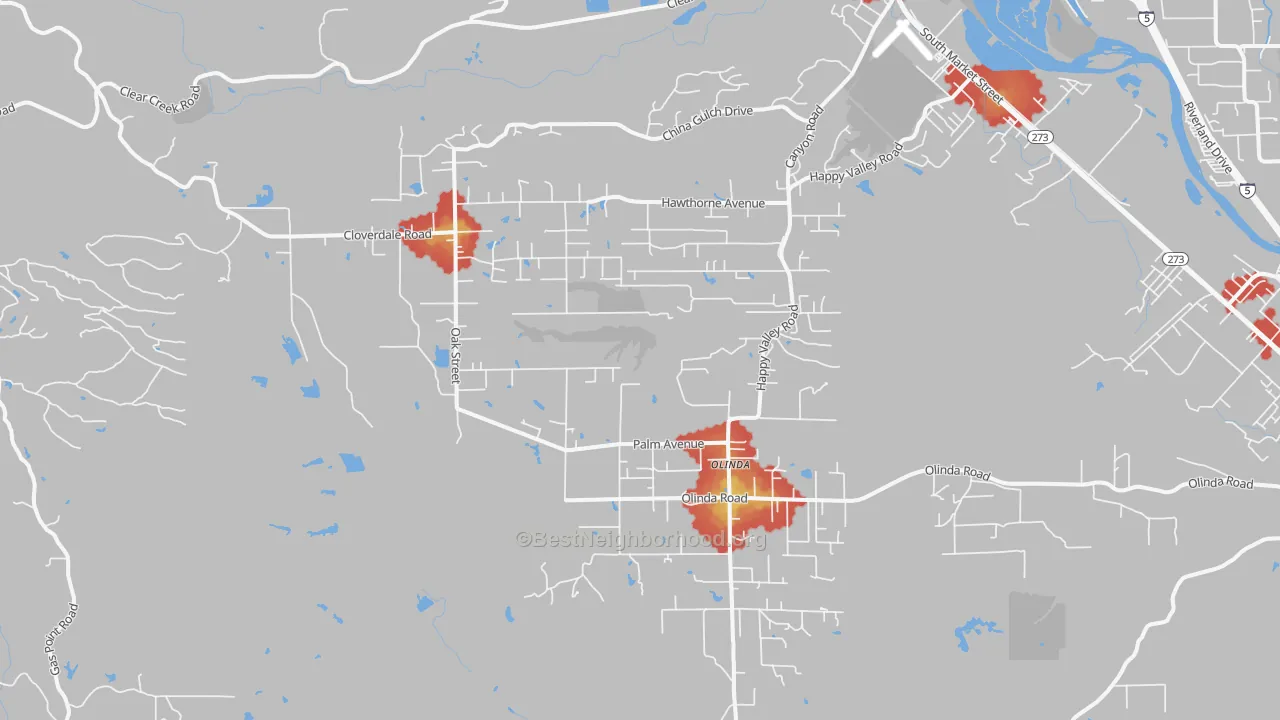 Walk Grade map of Happy Valley, Anderson, CA, walkable areas in green and car-dependent areas in red
