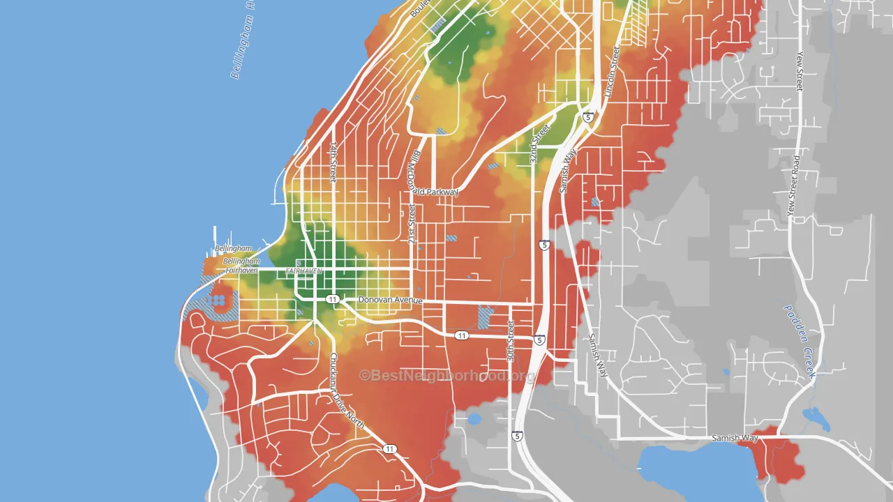 Walk Grade map of Happy Valley, Bellingham, WA, walkable areas in green and car-dependent areas in red