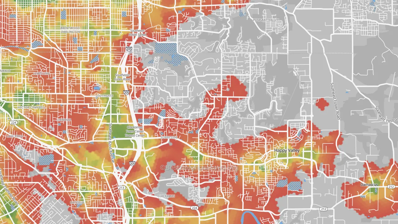 Walk Grade map of Happy Valley, OR, walkable areas in green and car-dependent areas in red