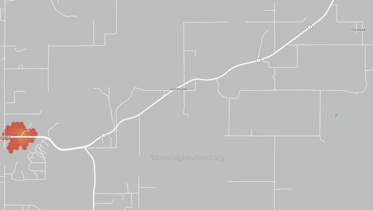Walk Grade map of Happyland, OK, walkable areas in green and car-dependent areas in red