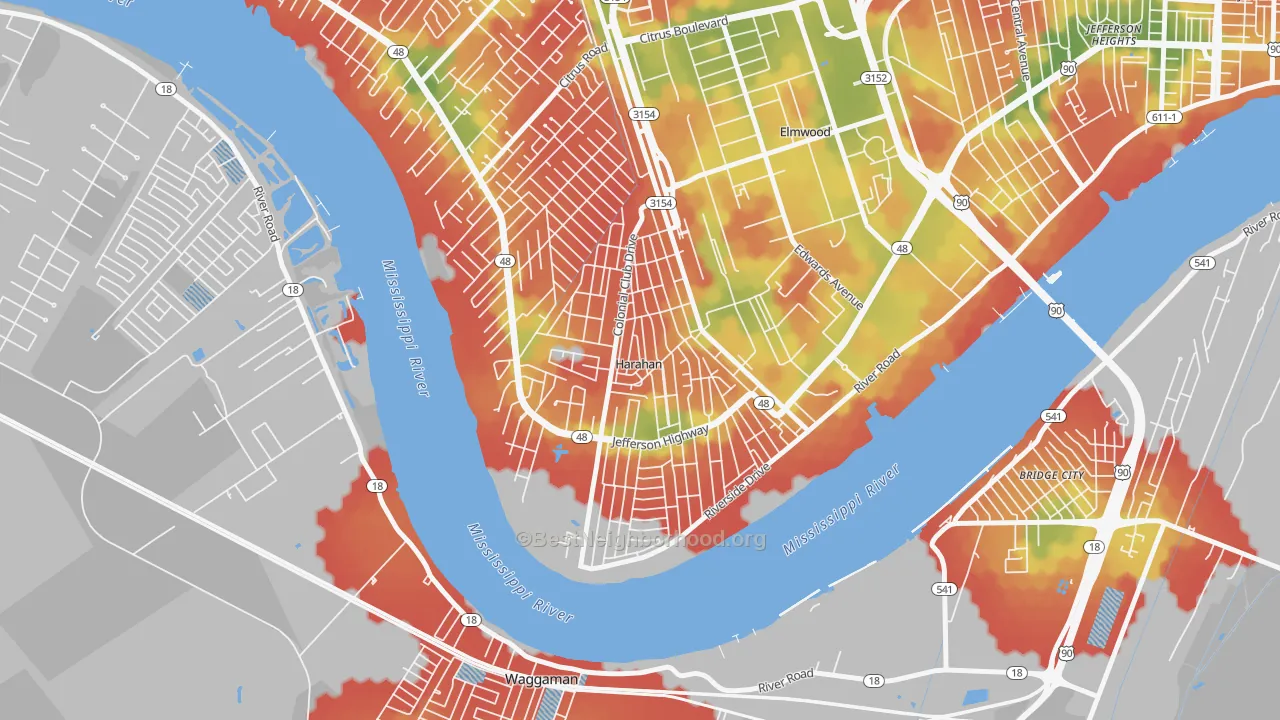 Walk Grade map of Harahan, LA, walkable areas in green and car-dependent areas in red
