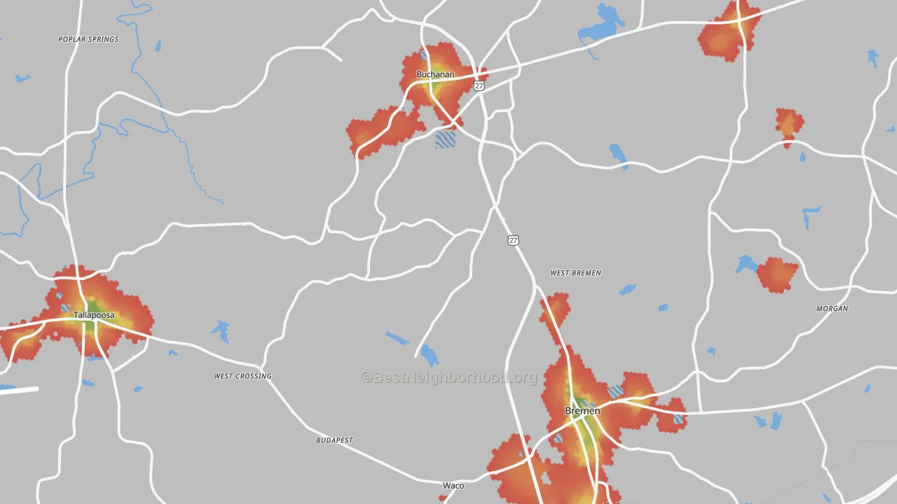 Walk Grade map of Haralson County, GA, walkable areas in green and car-dependent areas in red