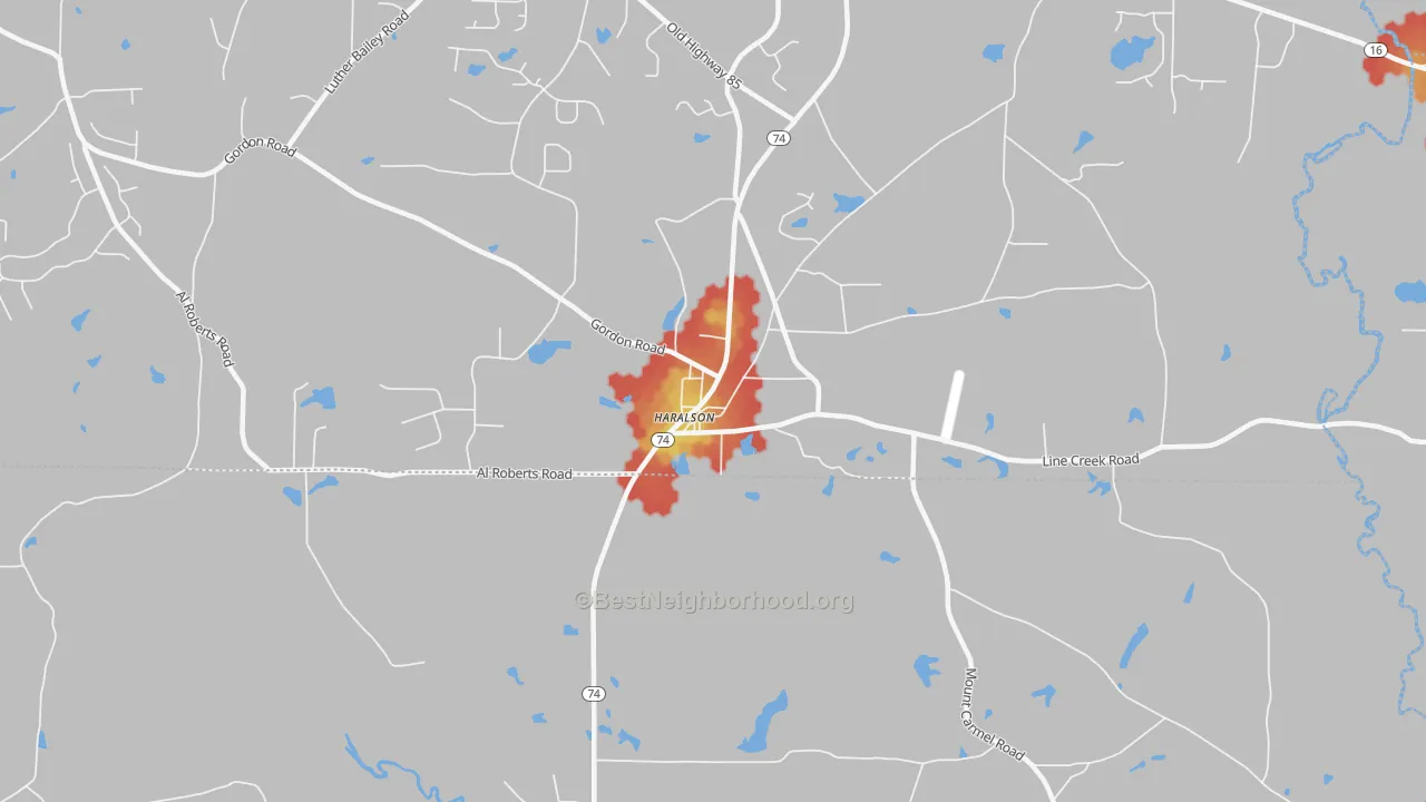 Walk Grade map of Haralson, GA, walkable areas in green and car-dependent areas in red