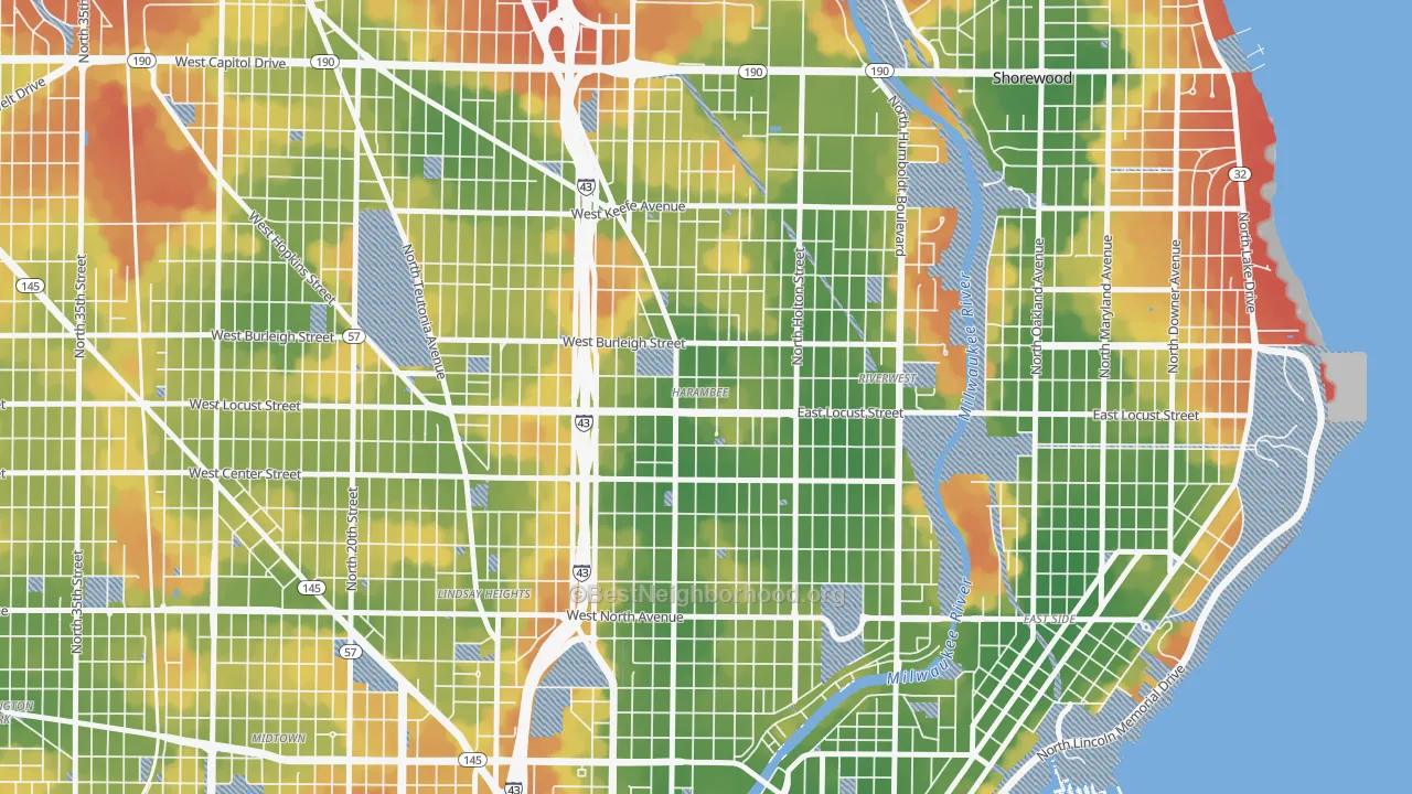 Walk Grade map of Harambee, Milwaukee, WI, walkable areas in green and car-dependent areas in red