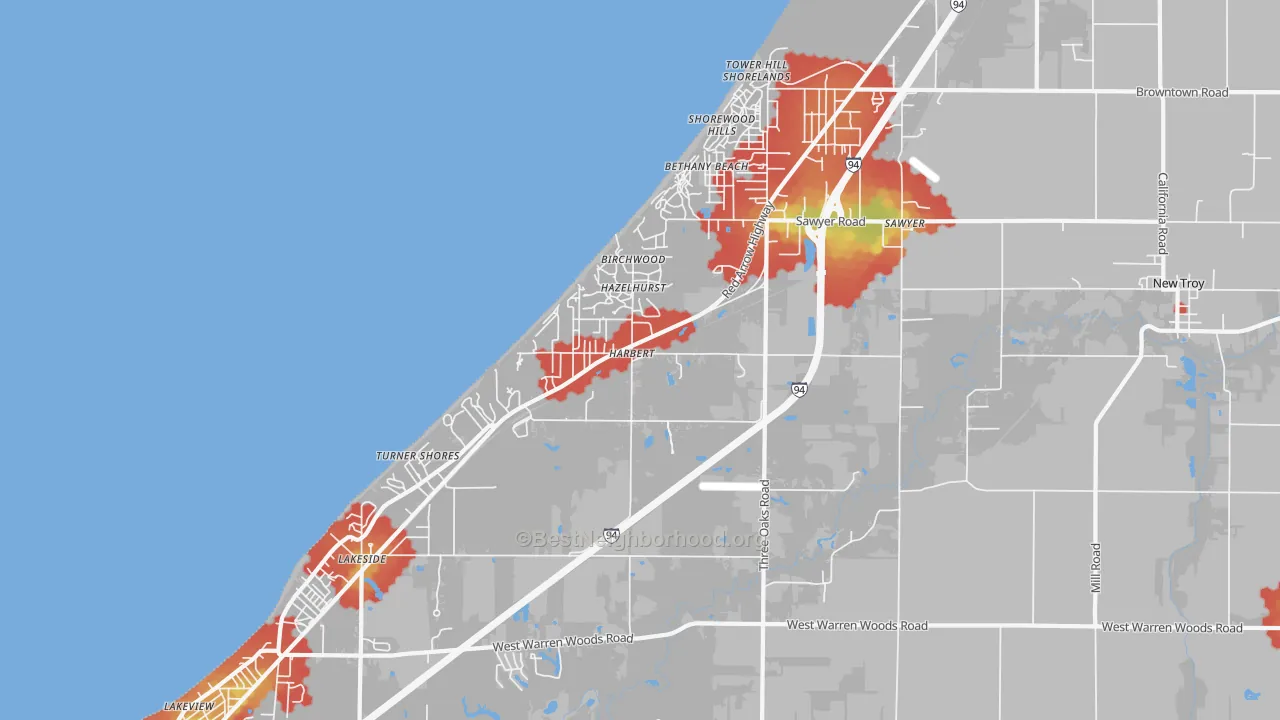 Walk Grade map of Harbert, MI, walkable areas in green and car-dependent areas in red