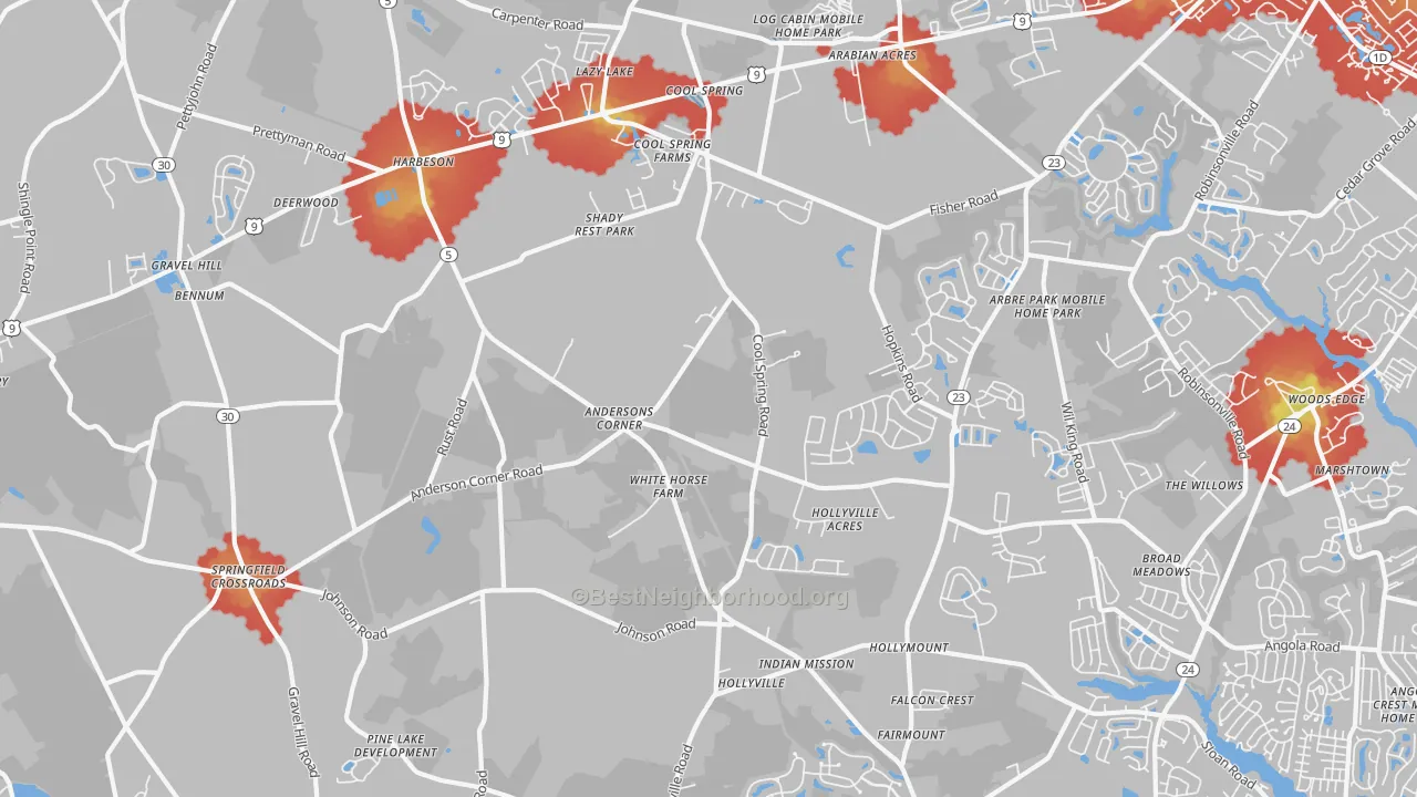 Walk Grade map of Harbeson, DE, walkable areas in green and car-dependent areas in red