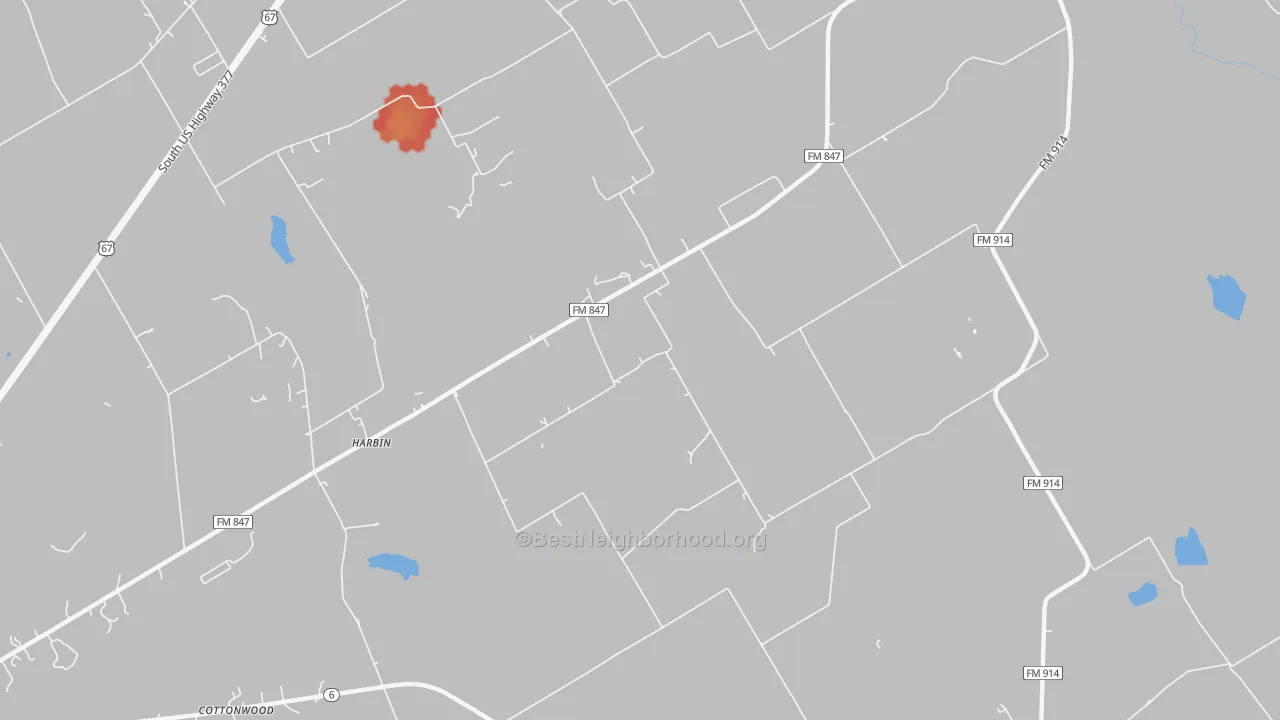 Walk Grade map of Harbin, TX, walkable areas in green and car-dependent areas in red
