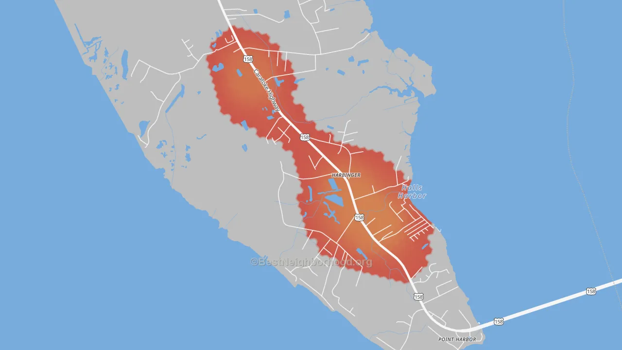 Walk Grade map of Harbinger, NC, walkable areas in green and car-dependent areas in red