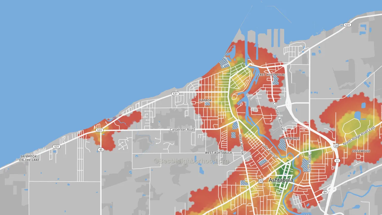 Walk Grade map of Harbor, Ashtabula, OH, walkable areas in green and car-dependent areas in red