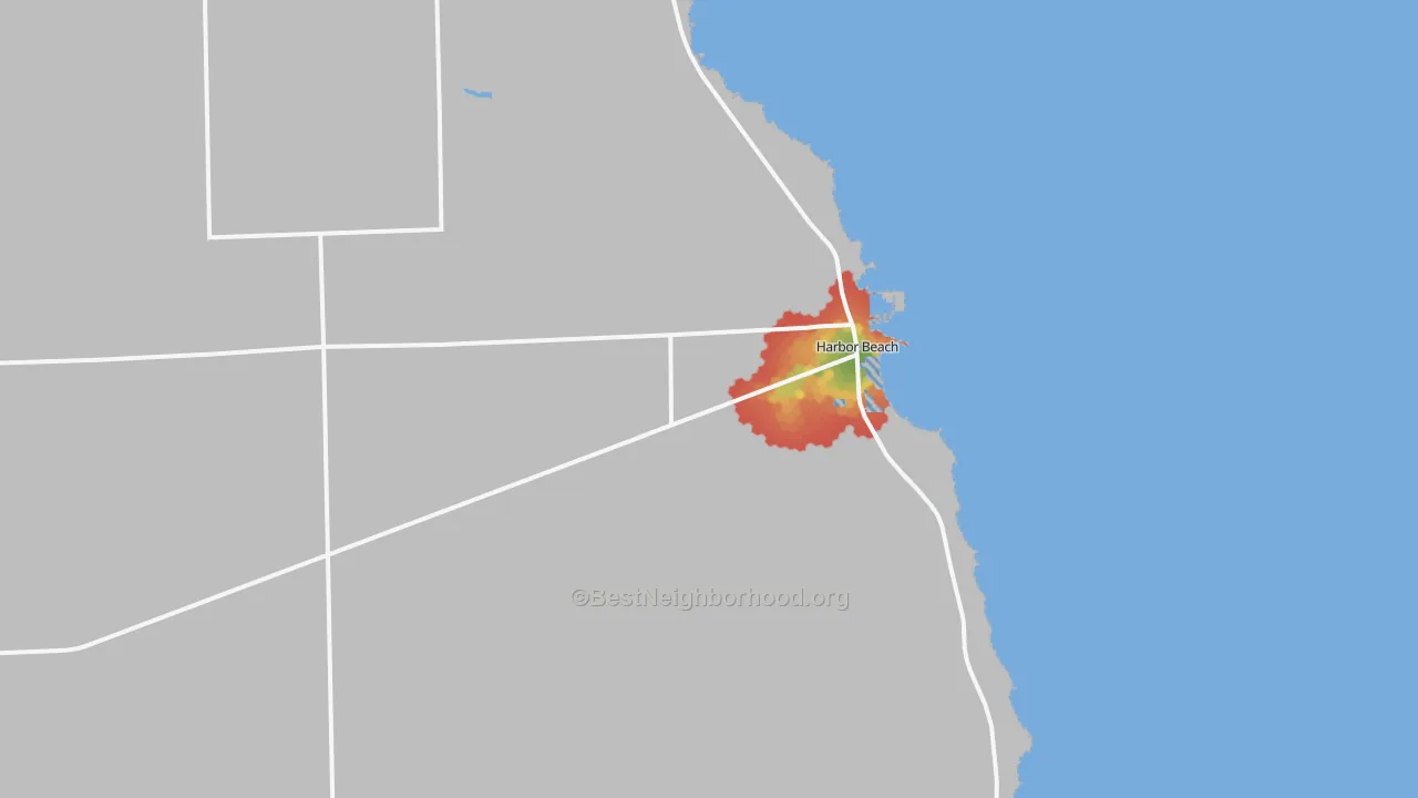 Walk Grade map of Harbor Beach, MI, walkable areas in green and car-dependent areas in red