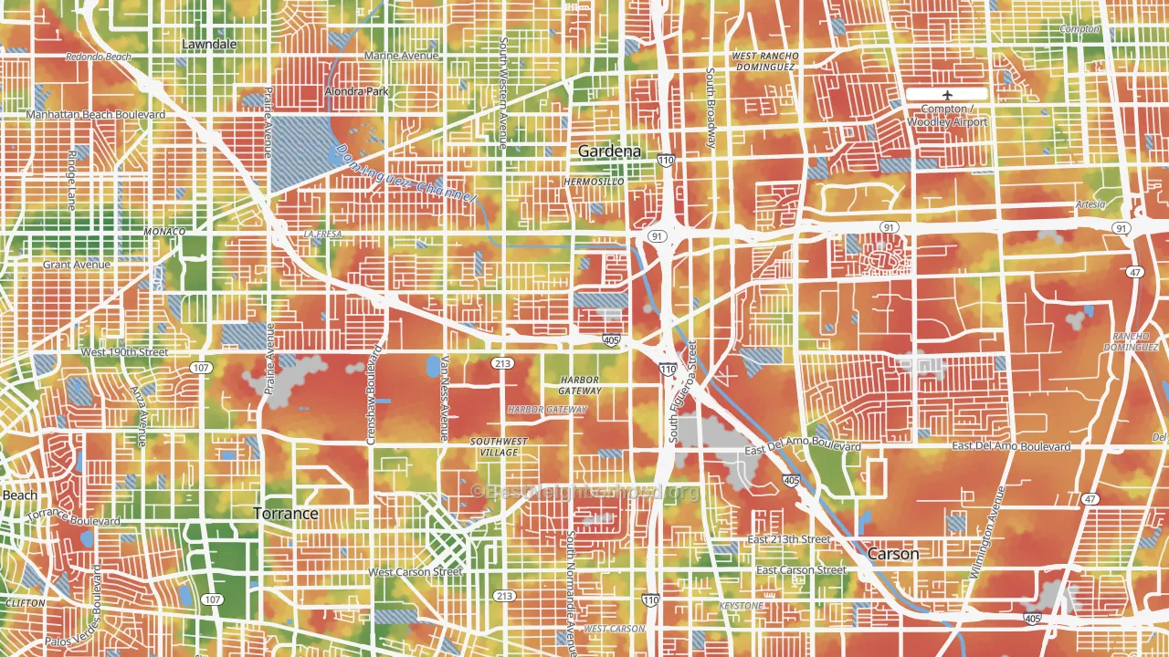 Walk Grade map of Harbor Gateway, Torrance, CA, walkable areas in green and car-dependent areas in red