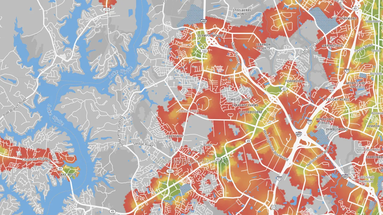 Walk Grade map of Harbor House, Charlotte, NC, walkable areas in green and car-dependent areas in red