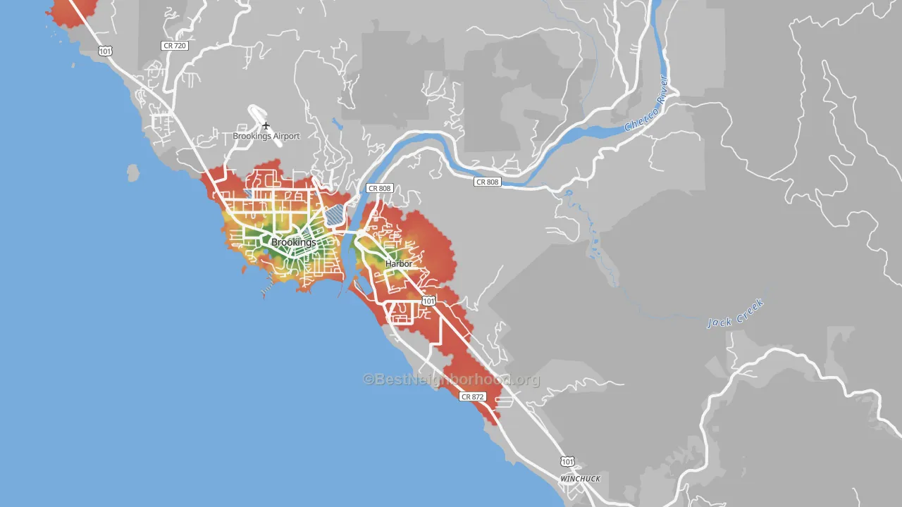 Walk Grade map of Harbor, OR, walkable areas in green and car-dependent areas in red