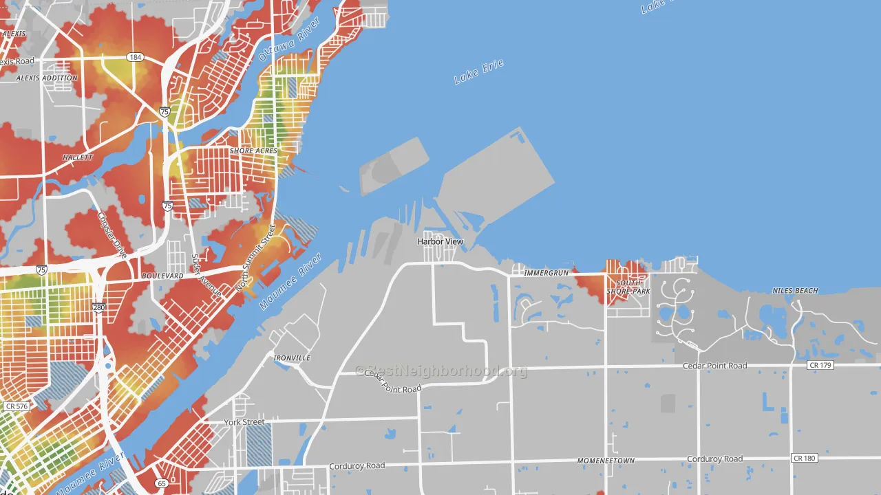 Walk Grade map of Harbor View, OH, walkable areas in green and car-dependent areas in red