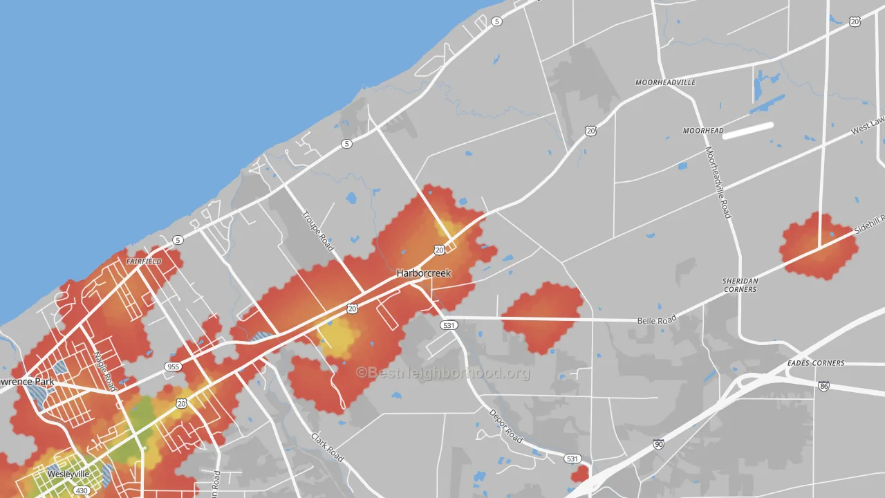 Walk Grade map of Harborcreek, PA, walkable areas in green and car-dependent areas in red