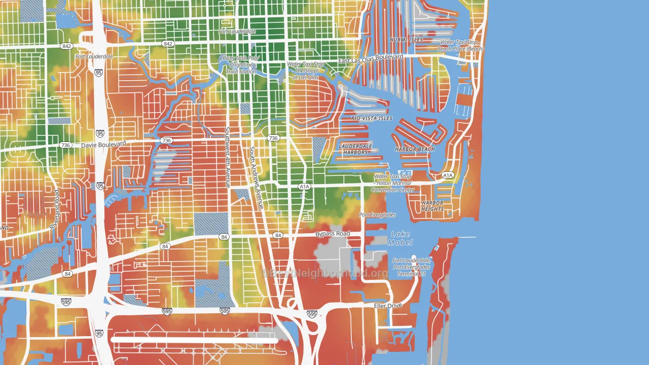 Walk Grade map of Harbordale, Fort Lauderdale, FL, walkable areas in green and car-dependent areas in red
