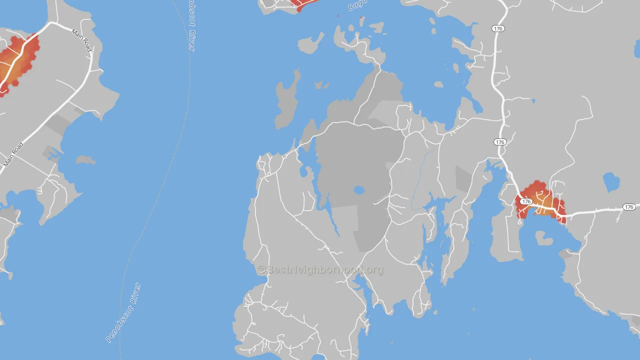 Walk Grade map of Harborside, ME, walkable areas in green and car-dependent areas in red