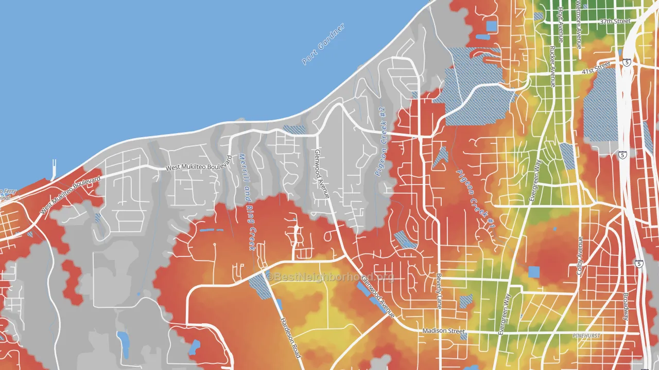 Walk Grade map of Harborview-Seahurst-Glenhaven, Everett, WA, walkable areas in green and car-dependent areas in red