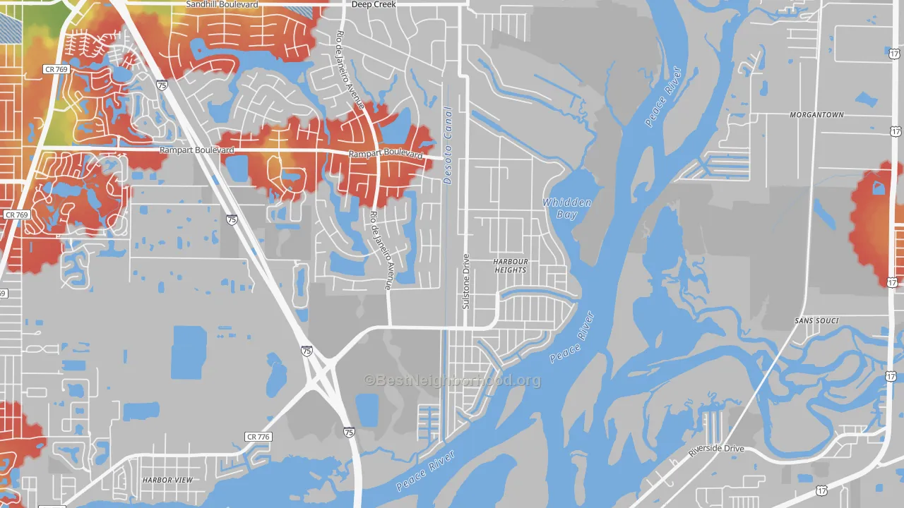 Walk Grade map of Harbour Heights, FL, walkable areas in green and car-dependent areas in red