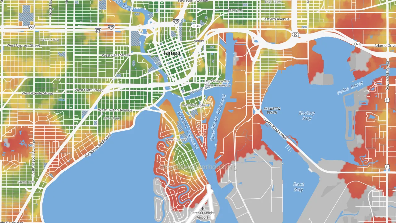 Walk Grade map of Harbour Island, Tampa, FL, walkable areas in green and car-dependent areas in red