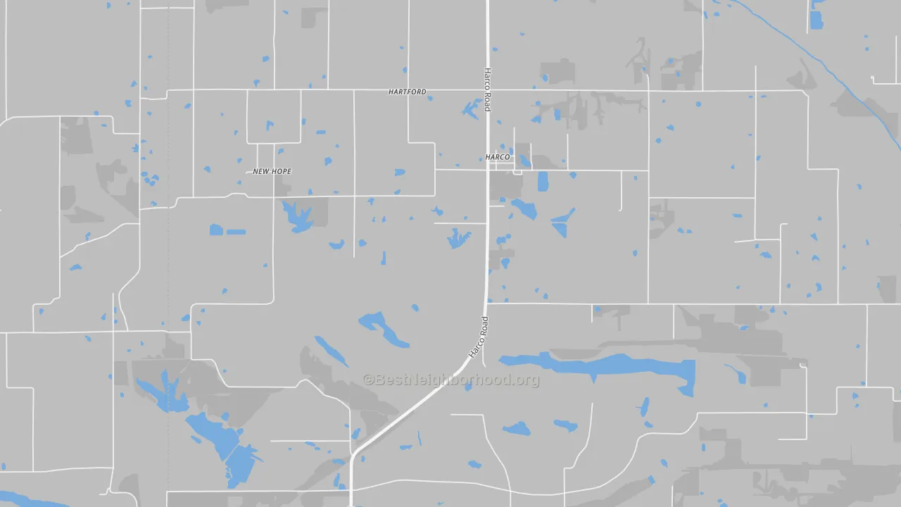 Walk Grade map of Harco, IL, walkable areas in green and car-dependent areas in red