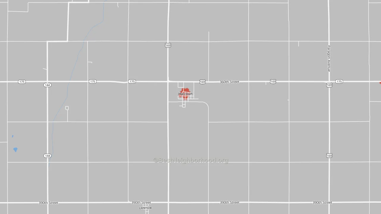 Walk Grade map of Harcourt, IA, walkable areas in green and car-dependent areas in red