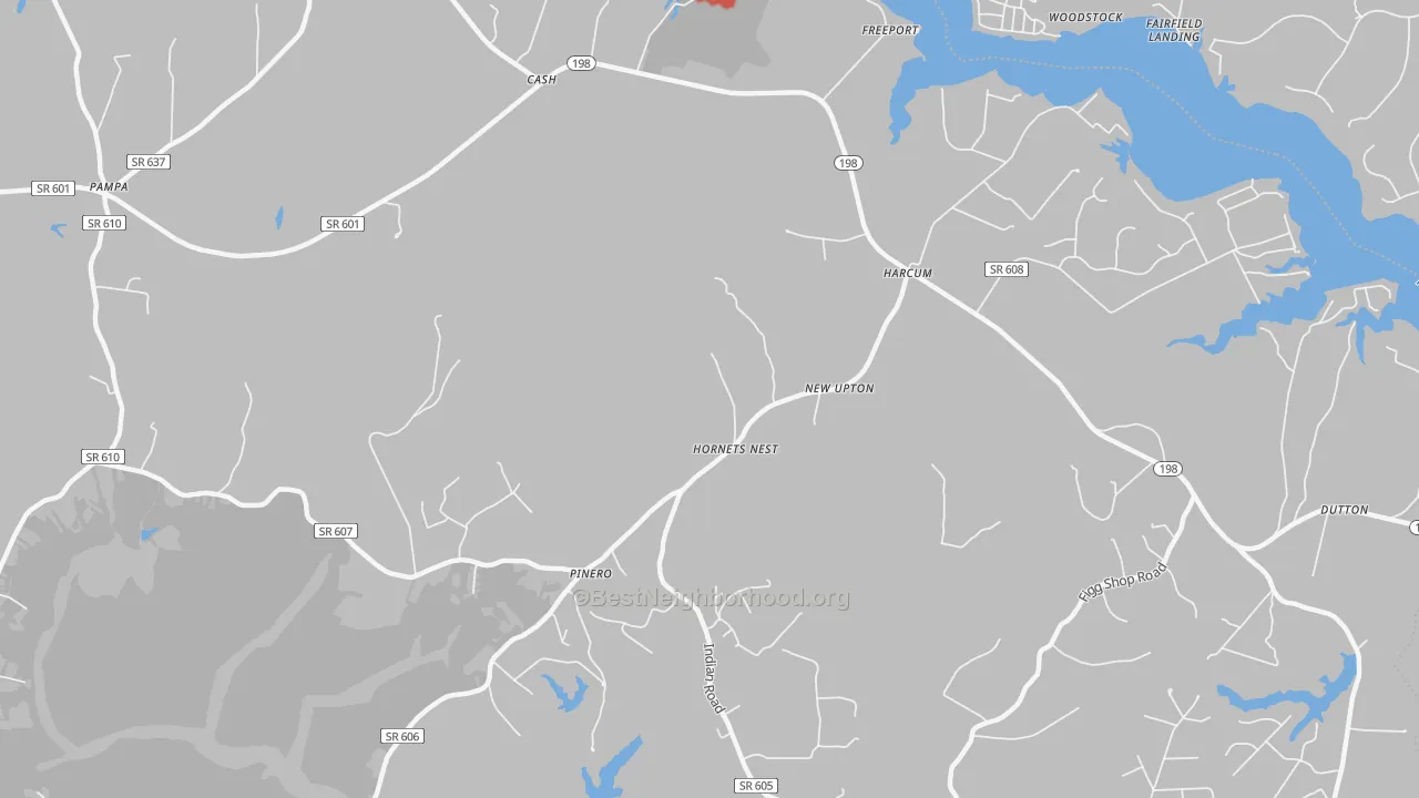 Walk Grade map of Harcum, VA, walkable areas in green and car-dependent areas in red
