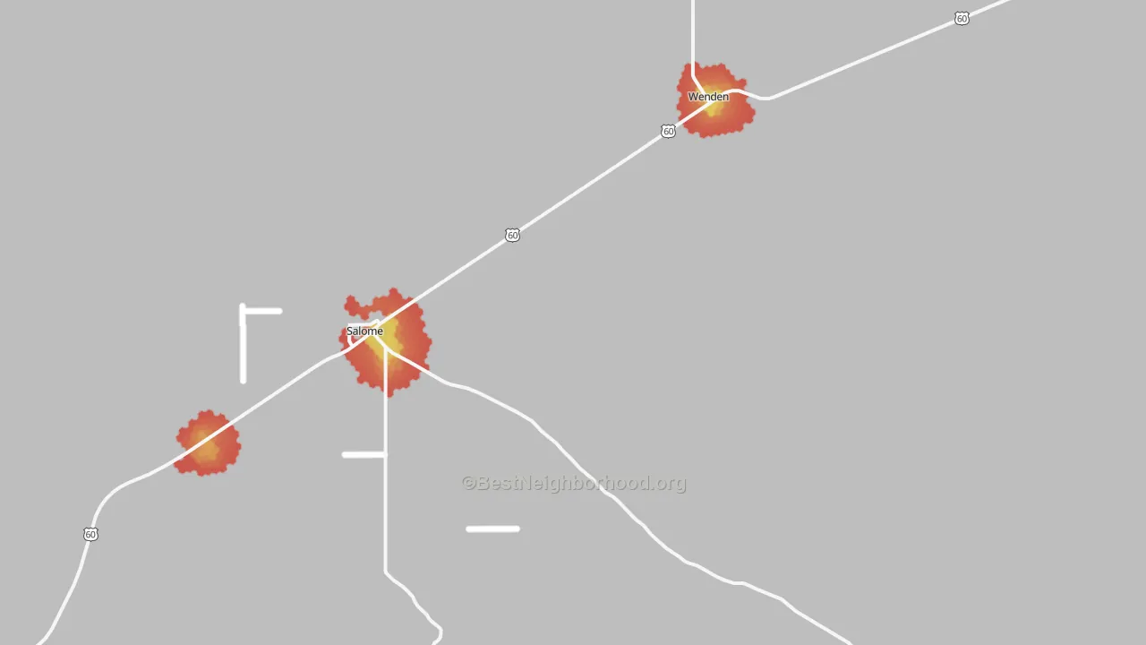 Walk Grade map of Harcuvar, AZ, walkable areas in green and car-dependent areas in red