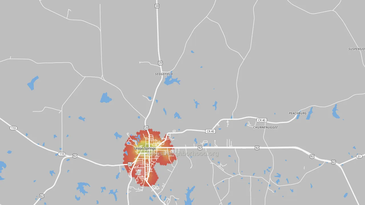Walk Grade map of Hardaway, AL, walkable areas in green and car-dependent areas in red
