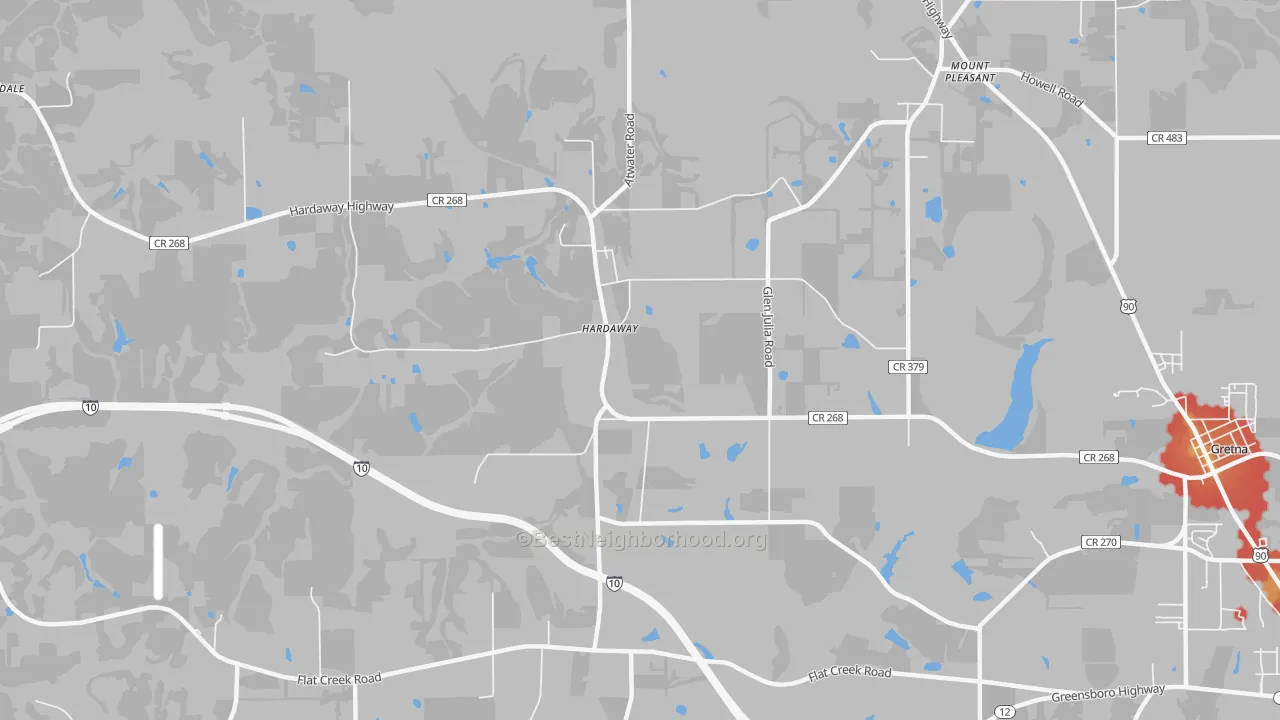 Walk Grade map of Hardaway, FL, walkable areas in green and car-dependent areas in red