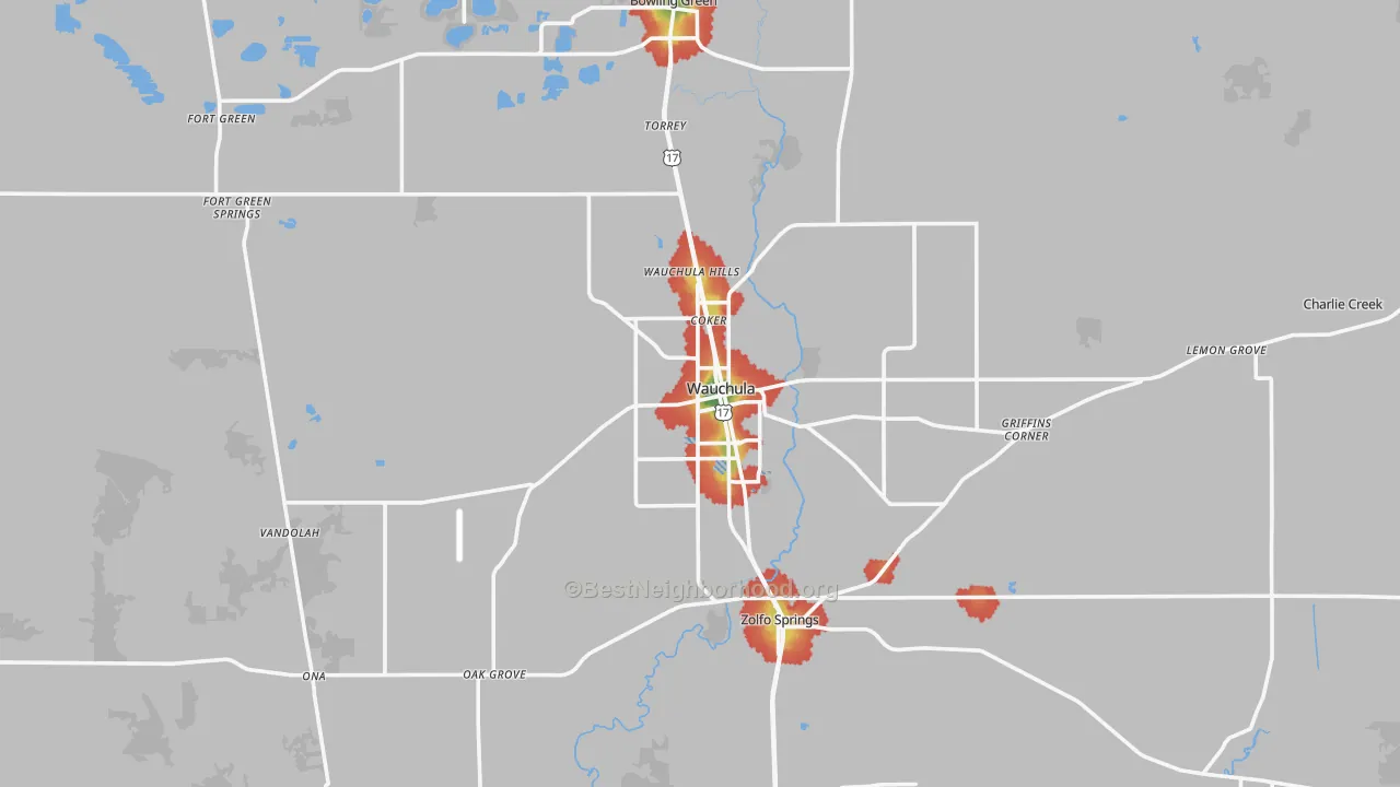 Walk Grade map of Hardee County, FL, walkable areas in green and car-dependent areas in red
