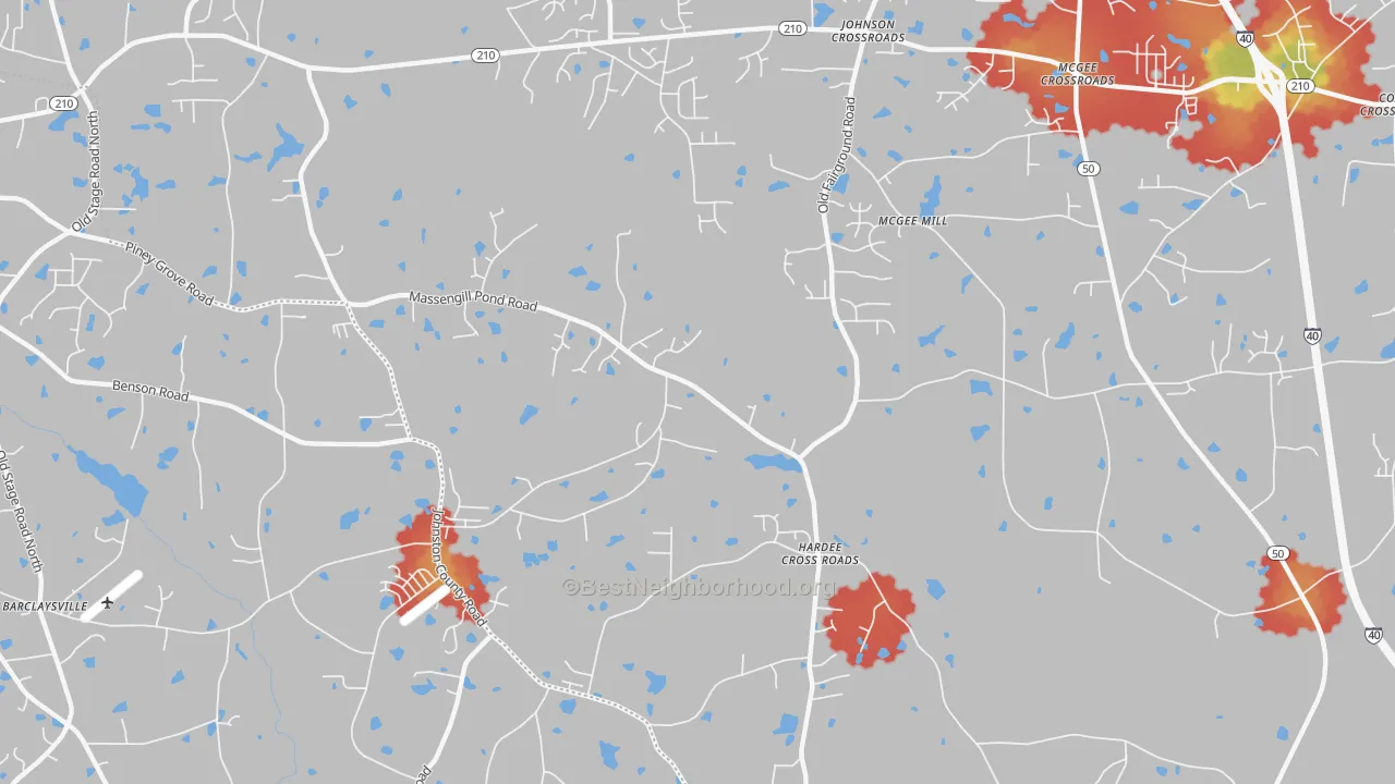 Walk Grade map of Hardee Cross Roads, NC, walkable areas in green and car-dependent areas in red