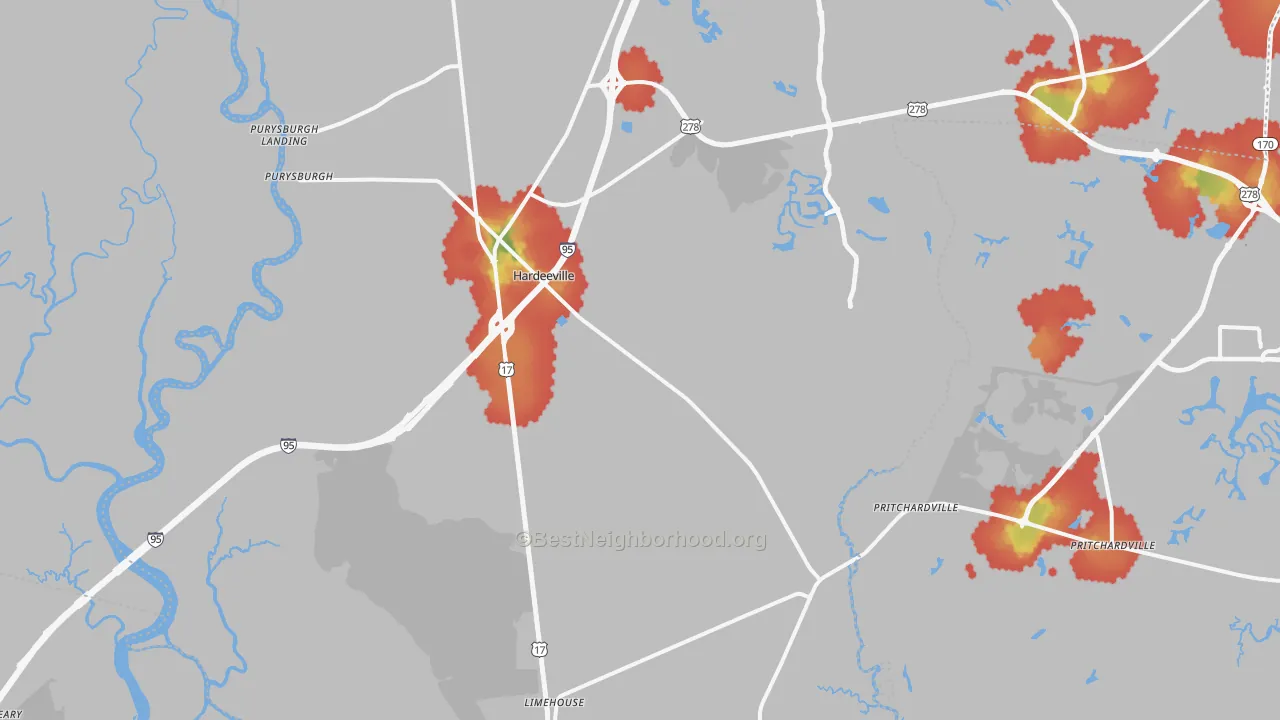 Walk Grade map of Hardeeville, SC, walkable areas in green and car-dependent areas in red