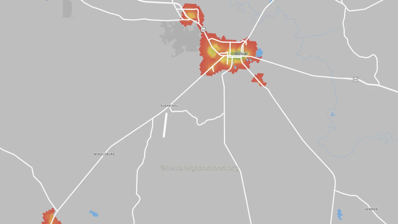 Walk Grade map of Hardeman County, TN, walkable areas in green and car-dependent areas in red
