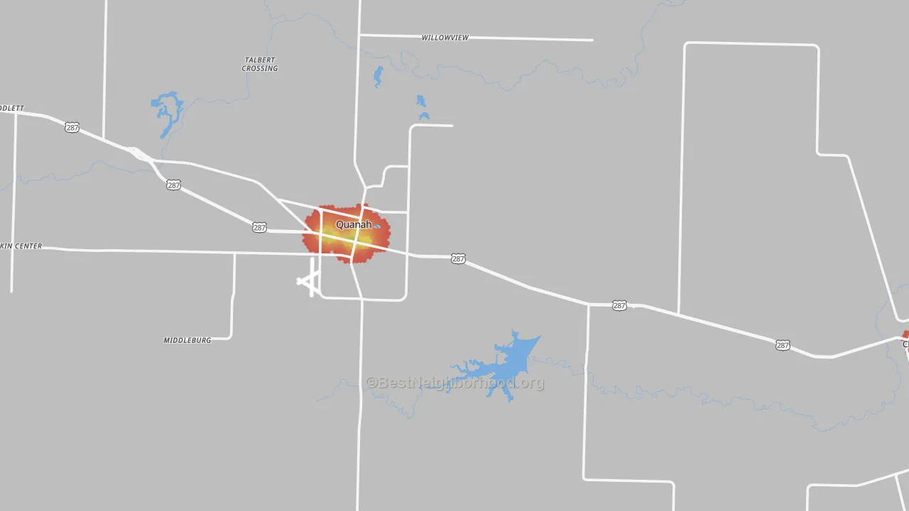 Walk Grade map of Hardeman County, TX, walkable areas in green and car-dependent areas in red