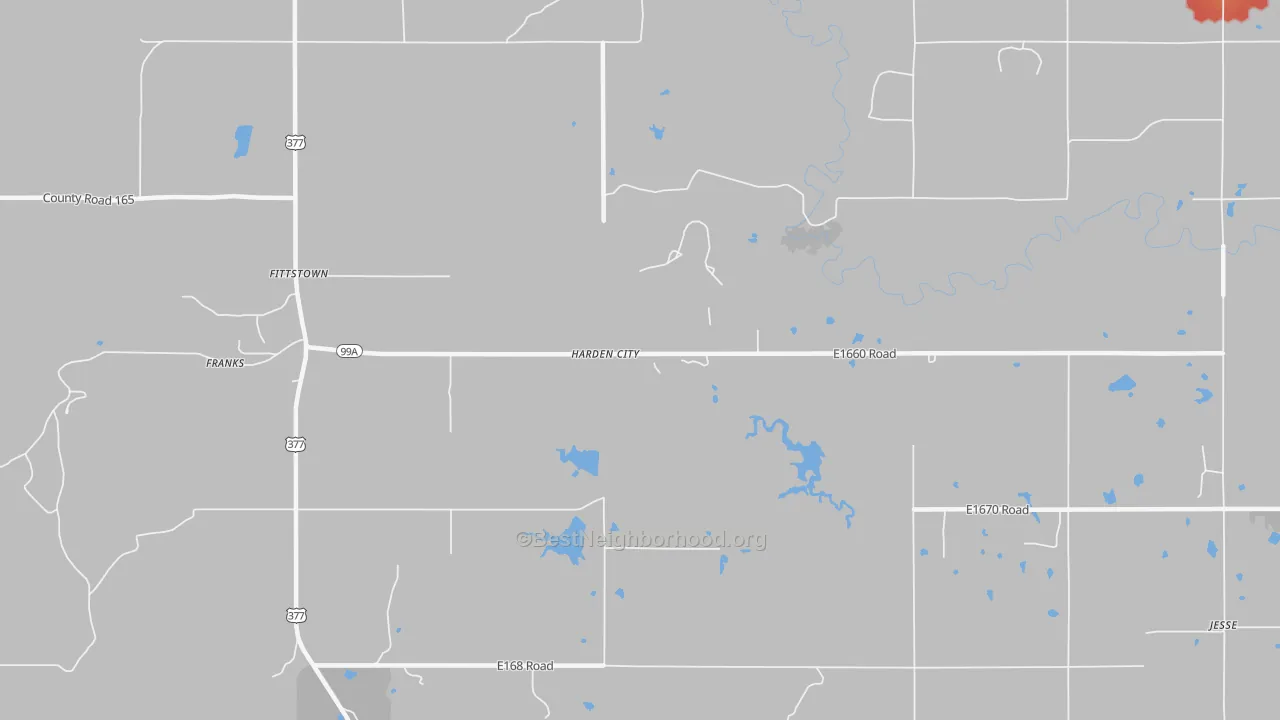Walk Grade map of Harden City, OK, walkable areas in green and car-dependent areas in red