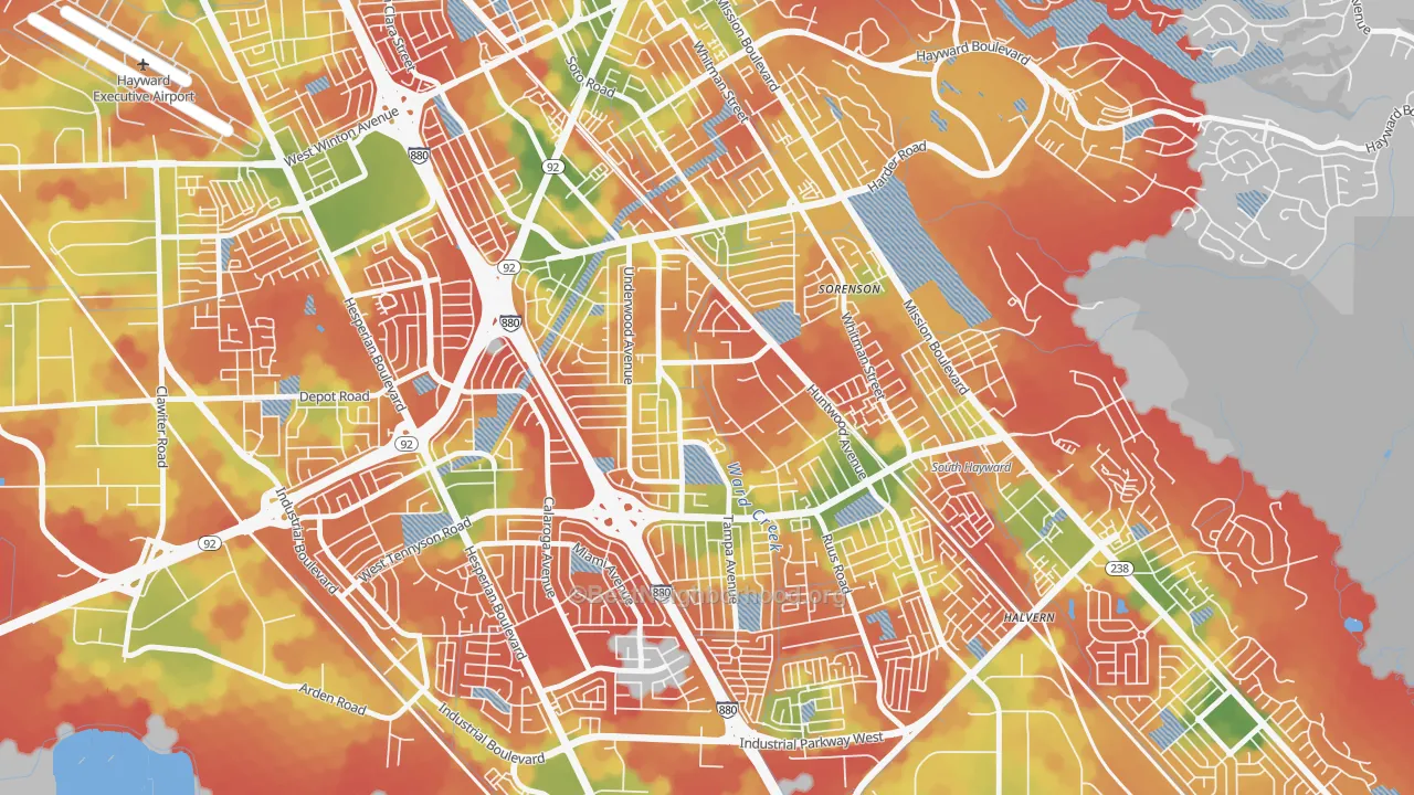 Walk Grade map of Harder-Tennyson, Hayward, CA, walkable areas in green and car-dependent areas in red
