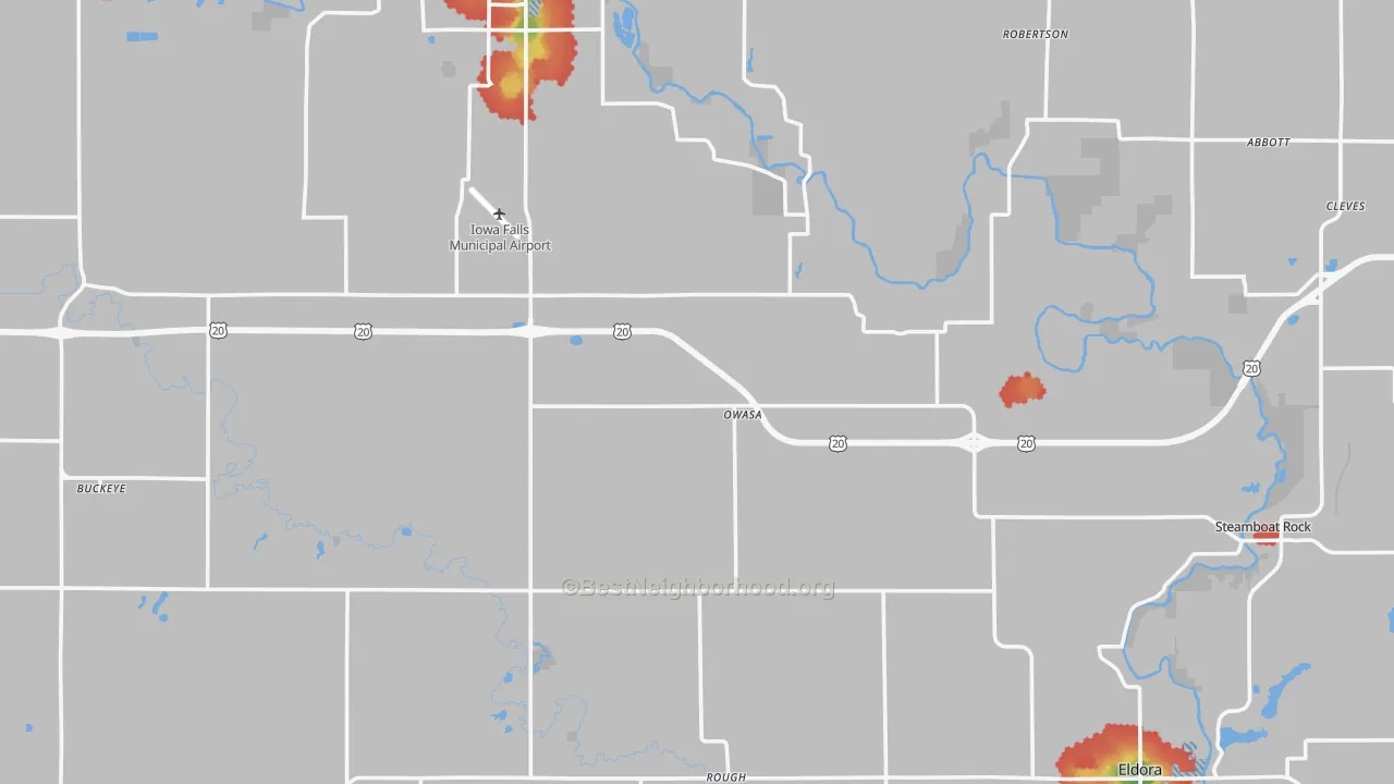 Walk Grade map of Hardin County, IA, walkable areas in green and car-dependent areas in red