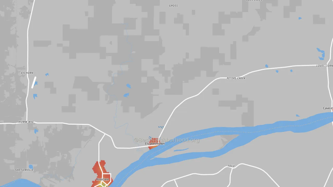 Walk Grade map of Hardin County, IL, walkable areas in green and car-dependent areas in red