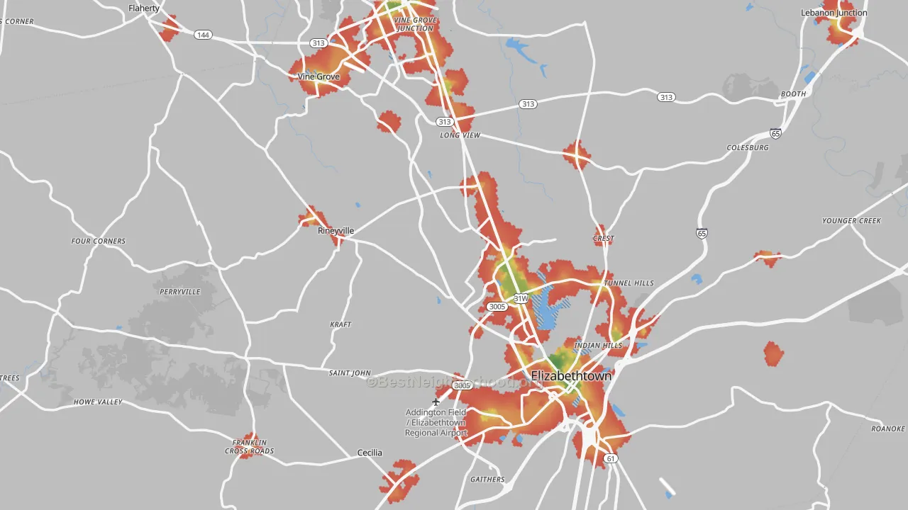 Walk Grade map of Hardin County, KY, walkable areas in green and car-dependent areas in red