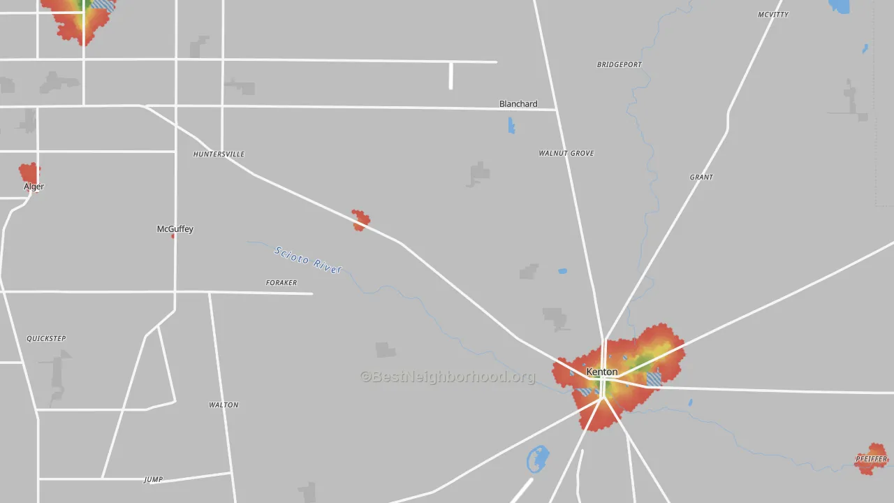 Walk Grade map of Hardin County, OH, walkable areas in green and car-dependent areas in red