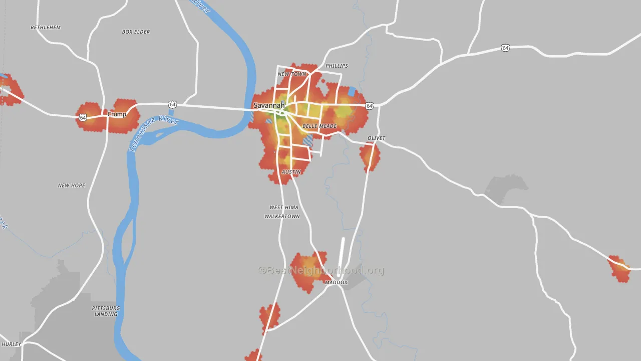 Walk Grade map of Hardin County, TN, walkable areas in green and car-dependent areas in red
