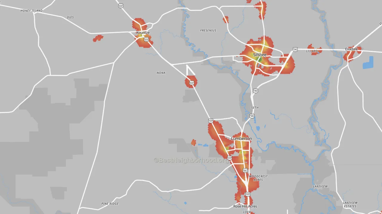Walk Grade map of Hardin County, TX, walkable areas in green and car-dependent areas in red